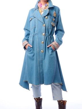Aratta Blue MONTE CARLO DENIM COAT with Pink Lining and Gold Buttons